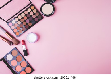 Set Of Cosmetic Makeup Tool Isolated On Pink Background, Top View, Flat Lay, Brush And Lipstick And Makeup Palette Kit, No People, Nobody, Copy Space, Group Object About Beauty, Collection Make-up.