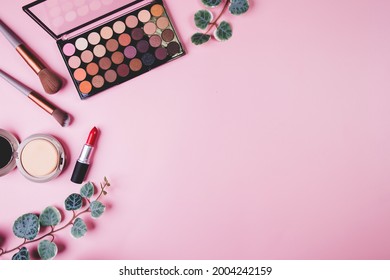 Set Of Cosmetic Makeup Tool Isolated On Pink Background, Top View, Flat Lay, Brush And Lipstick And Makeup Palette Kit, No People, Nobody, Copy Space, Group Object About Beauty, Collection Make-up.