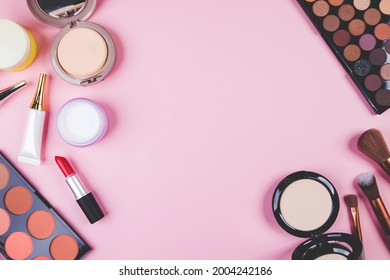 Set Of Cosmetic Makeup Tool Isolated On Pink Background, Top View, Flat Lay, Brush And Lipstick And Makeup Palette Kit, No People, Nobody, Copy Space, Group Object About Beauty, Collection Make-up.