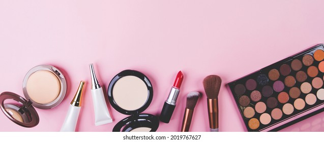 Set Of Cosmetic Makeup Tool Isolated On Pink Background, Top View, Flat Lay, Brush And Lipstick And Makeup Palette Kit, No People, Nobody, Copy Space, Group Object About Beauty, Collection Make-up.