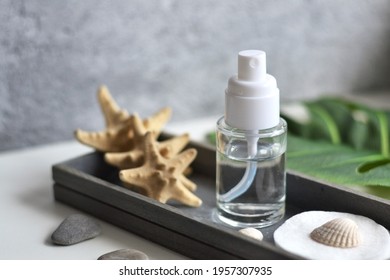 Set Of Cosmetic Product  - Glass Container With Sponge And Sea Star, Shell, Green Sheet On Wooden Board. Skin Care Lotion. Wellness And Spa. Sea Beautiful Spa Skin Care Product.
