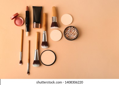 Set Of Cosmetics For Contouring Makeup On Color Background