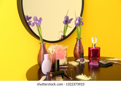 Set of cosmetics on dressing table