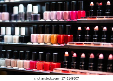 Set Of Cosmetics On Shelves In Beauty Store