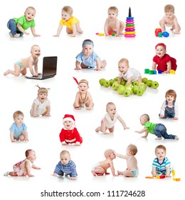 set of crawling babies or toddlers with toys isolated on white