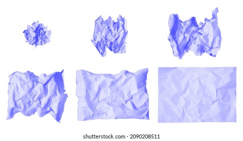 Set of creased paper colored in trendy color of year 2022 Very Peri. Crumpled sheet of paper straightens out step by step. Isolated on white background. - Shutterstock ID 2090208511
