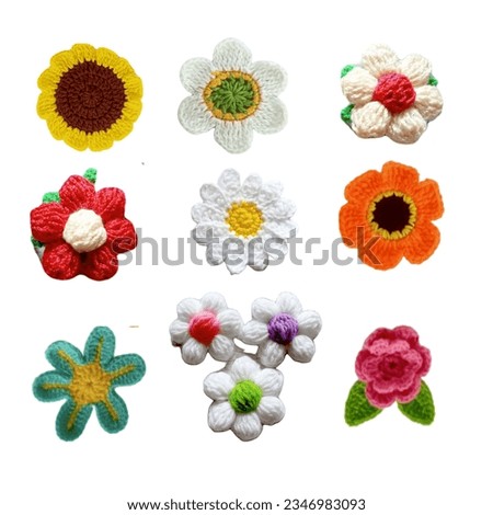 Set of crochet flowers handmade in multicolor background texture