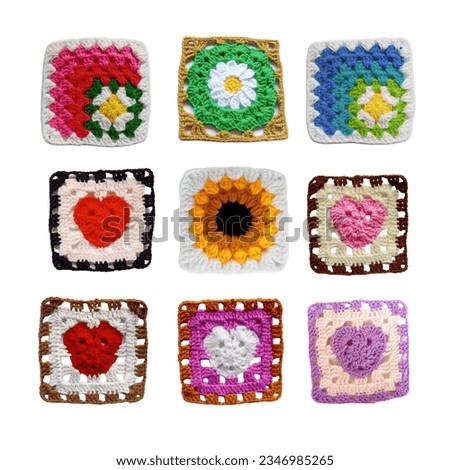 Set of crochet granny square handmade background texture