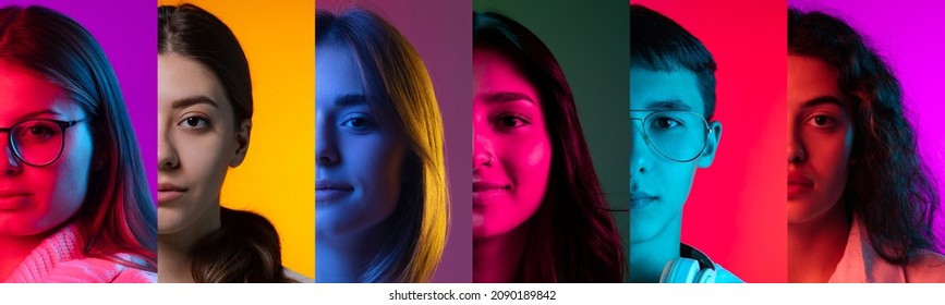 Set Of Cropped Portraits Of Multiethnic People On Multicolored Background In Neon Light. Collage Made Of Half Of Faces Of Smiling Happy Models. Concept Of Emotions, Facial Expression, Sales.