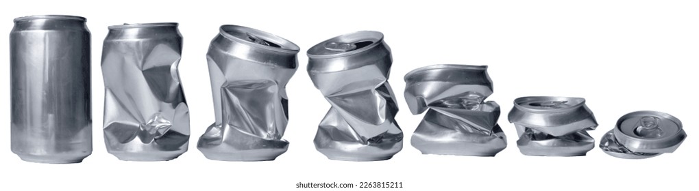Set of crumpled Energy drink soda can in various shape, isolated cut out object