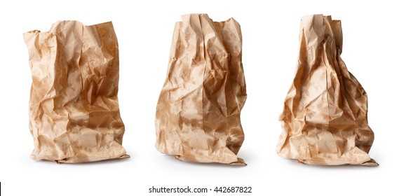 Set Of Crumpled Paper Bags With Grease Spots Isolated On White