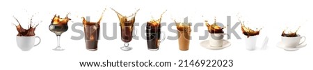 Set of cups and glasses with splashing coffee isolated on white
