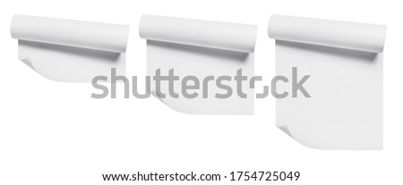 Set of curled blank paper sheets, isolated on white background