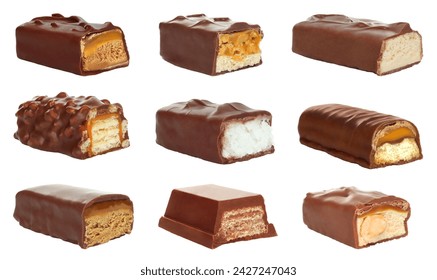 Set of Cut chocolate bar with stretching caramel, isolated on a white background