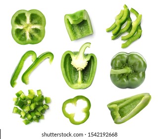 Set of cut fresh green bell peppers on white background, top view