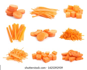 Set Of Cut Fresh Ripe Carrots On White Background