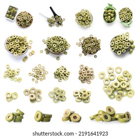 Set Of Cut Green Olives Isolated On White