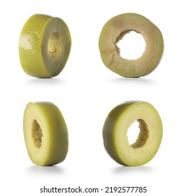 Set Of Cut Green Olives Isolated On White