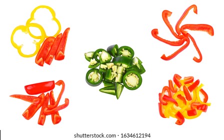 Set Of Cut Slices Bell Pepper And Green Jalapeno Pepper Isolated On White Background. Top View