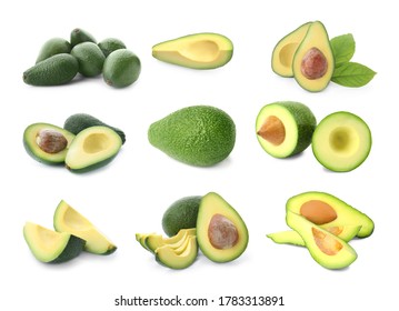 Set Of Cut And Whole Avocados On White Background