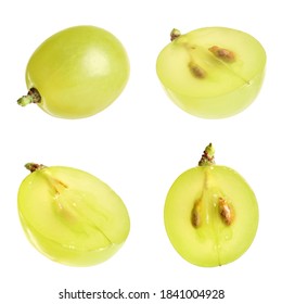 Set of cut and whole grapes on white background