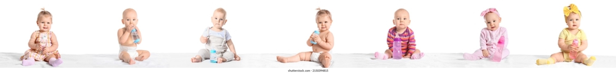 Set of cute babies with bottles isolated on white - Powered by Shutterstock