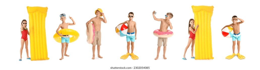 Set of cute children in beachwear on white background - Powered by Shutterstock