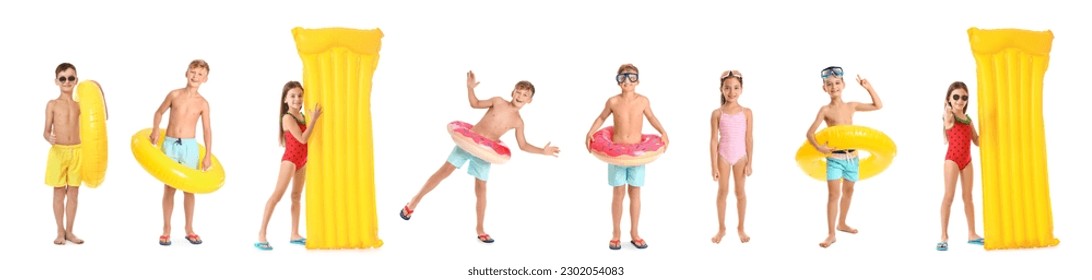 Set of cute children with inflatable mattresses and rings on white background - Powered by Shutterstock