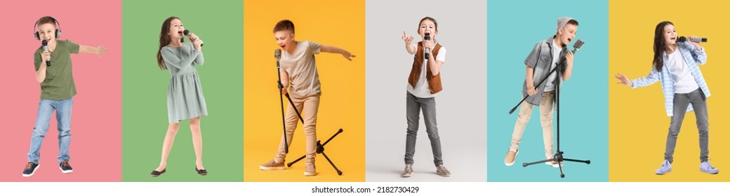 Set of cute children with microphones on color background - Shutterstock ID 2182730429