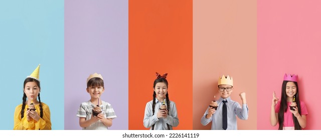 Set of cute children with tasty Birthday cupcakes on color background - Powered by Shutterstock