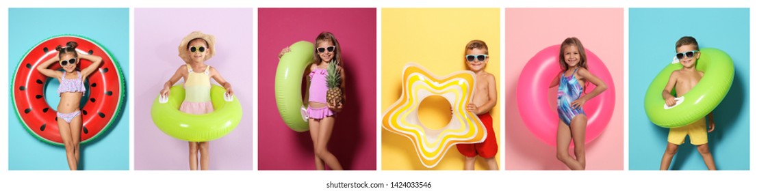 Set of cute little children with bright inflatable rings on color background