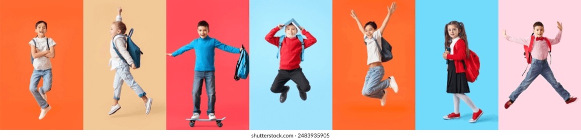 Set of cute little school children on color background - Powered by Shutterstock