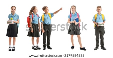 Set of cute little schoolchildren on white background