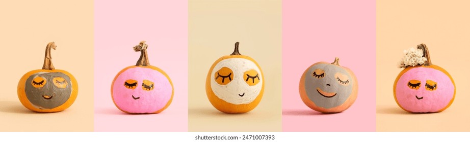 Set of cute pumpkins with drawn faces and cosmetic masks on color background. Spa concept - Powered by Shutterstock