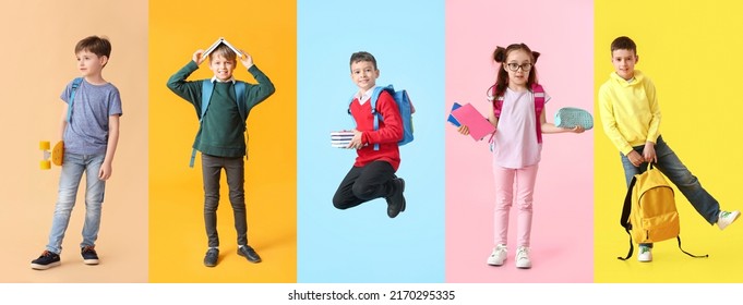 Set of cute schoolchildren on colorful background - Powered by Shutterstock