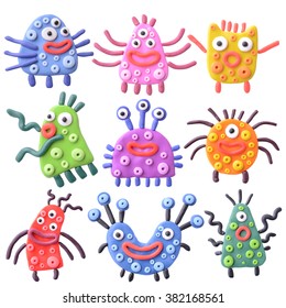 A Set Of Cute, Very Funny, Crazy Monsters, Germs. Handmade - Clay.