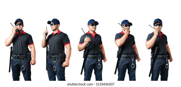 Set Of A Cutout Of A Male Security Guard On A White Background.