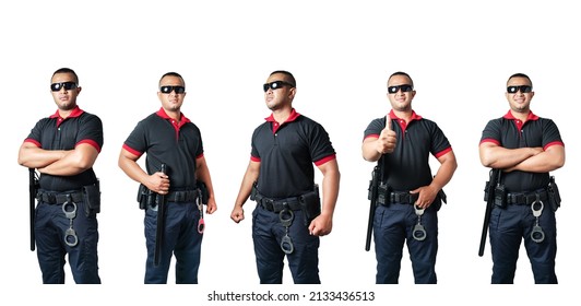 Set Of A Cutout Of A Male Security Guard On A White Background.