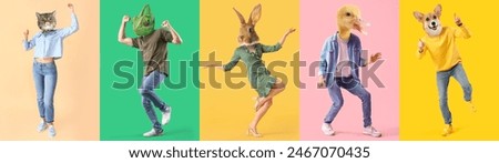 Set of dancing people with heads of different animals on color background