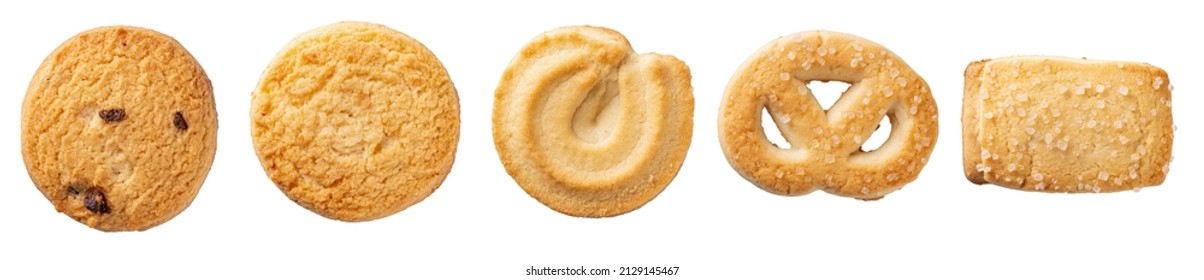 Set of danish butter cookies macro cutout. Five whole pretzel, round and rectangular shortbread biscuits with sugar isolated on a white background. Danish pastry and sweet food concept. Top view. - Shutterstock ID 2129145467