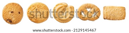 Set of danish butter cookies macro cutout. Five whole pretzel, round and rectangular shortbread biscuits with sugar isolated on a white background. Danish pastry and sweet food concept. Top view.