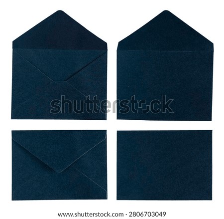 Set of dark blue envelopes isolated on a white background, showing front and back views in both open and closed positions.