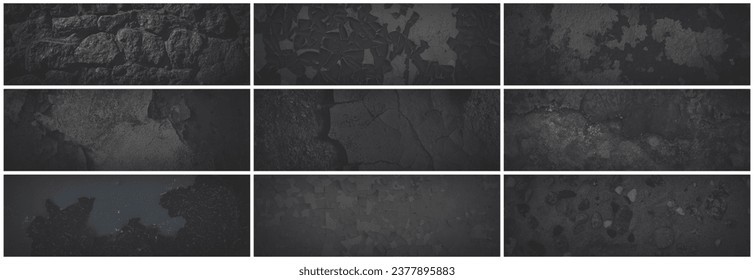 Set of dark panoramic background textures. Collection of wide textures with peeling paint, cracks, scratches, noise and grain. Faded rough surfaces of old walls. Bundle of gray backgrounds for design.