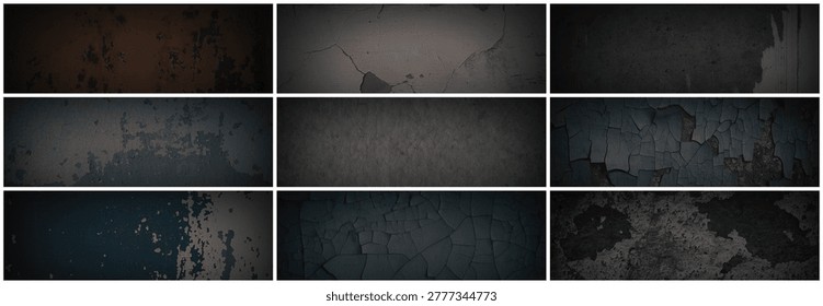 Set of dark panoramic background textures. Collection of wide textures with peeling paint, cracks, rust, scratches, noise and grain. Rough surfaces of old walls. Bundle of backgrounds for design.