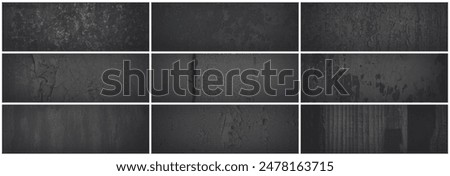 Set of dark panoramic background textures. Collection of wide textures with peeling paint, cracks, scratches, noise and grain. Faded rough surfaces of old walls. Bundle of gray backgrounds for design.