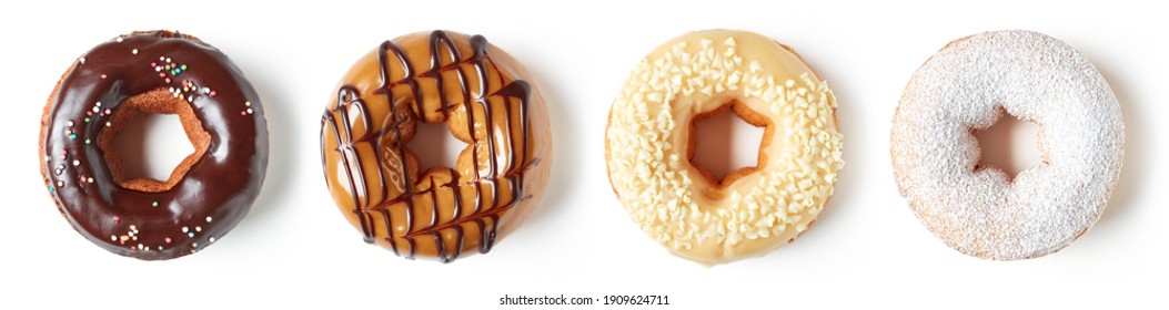 Donuts de chocolate blanco y negro aislados en fondo blanco, vista superior