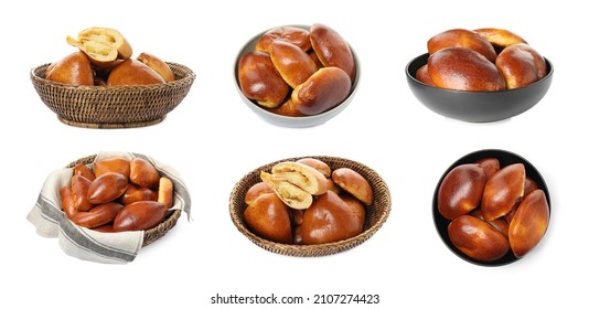 Set with  delicious baked pirozhki on white background. Banner design - Shutterstock ID 2107274423