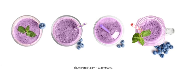 Set With Delicious Blueberry Smoothie On White Background, Top View