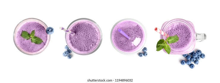 Set With Delicious Blueberry Smoothie On White Background, Top View