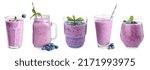 Set with delicious blueberry smoothies on white background. Banner design